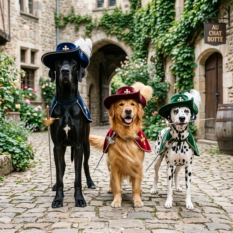 Playful Musketeer Dogs: Great Dane, Golden Retriever, Dalmatian Playful Musketeer Dogs: Great Dane, Golden Retriever, Dalmatian