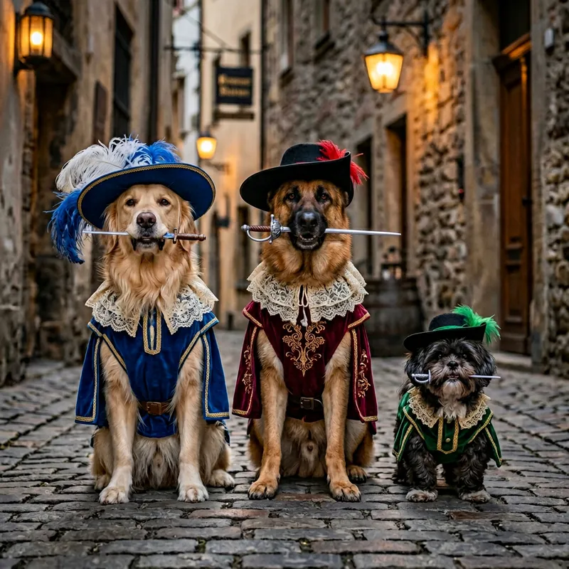 Three Dog Musketeers: Canine Renaissance Trio in 17th Century Attire