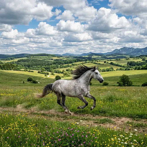 Majestic Grey Horse Galloping in Vast Green Field