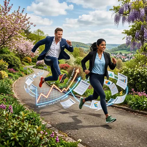 High-Energy Businessman and Businesswoman Overcoming Challenges on Scenic Jogging Track