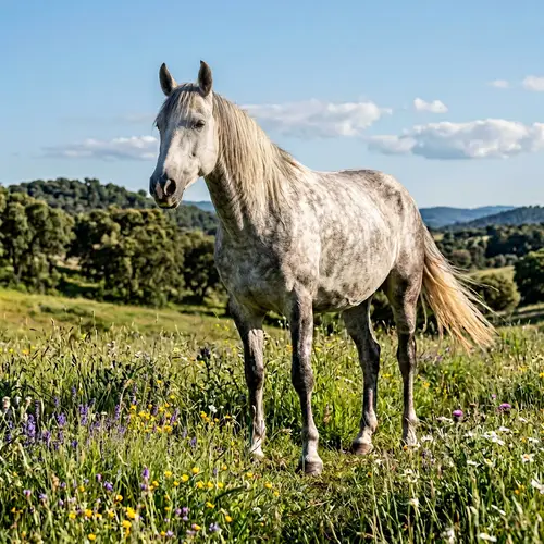 Majestic Dappled-Grey Andalusian Horse in Serene Afternoon