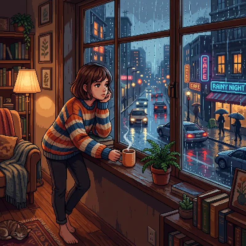 Captivating Pixel Art: A Rainy Urban Scene