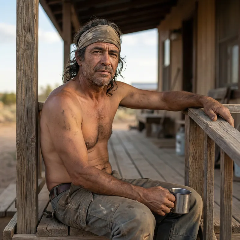 Rugged Hispanic Man: Shirtless and Gritty Look