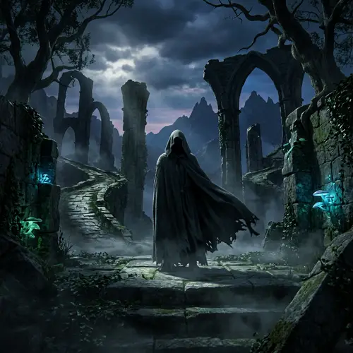 Mysterious Dark Cloaked Figure in Fantasy Scene