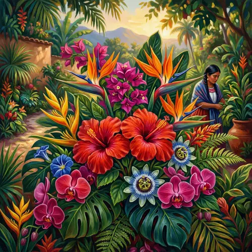Lush Tropical Garden in Early 20th Century Mexican Art Style