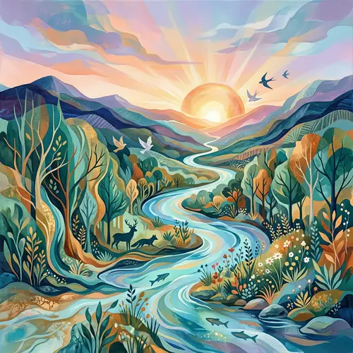 Harmonious Abstract Life: Trees, Rivers, Mountains, Wildlife