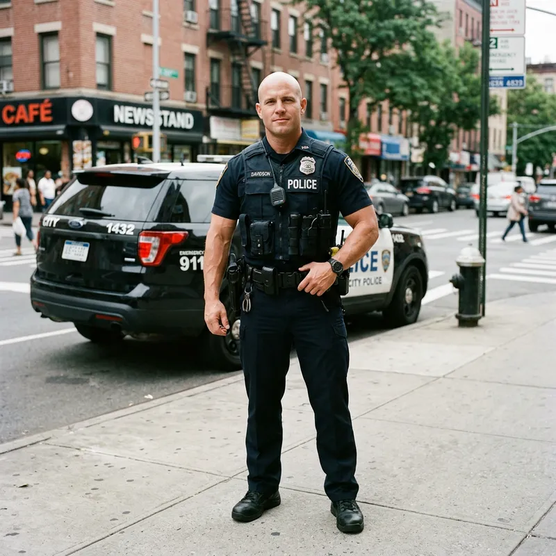 Bald Muscly Clean-Shaven Police Officer