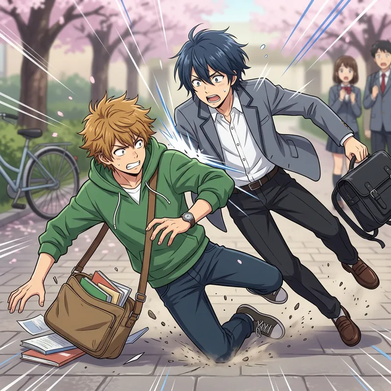 Anime Male Characters Collide in a Falling Scene