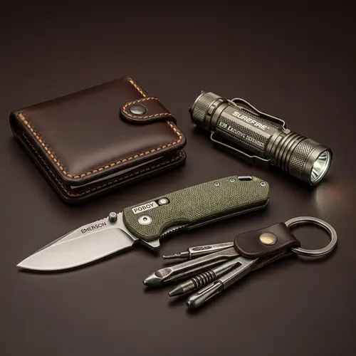 EDC Essentials: Leather Wallet & Gear Collection
