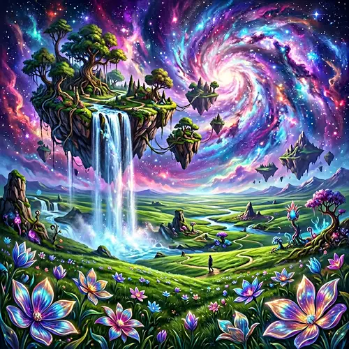 Surreal Landscapes: Emerald Prairie, Nebula Skies & Floating Forests