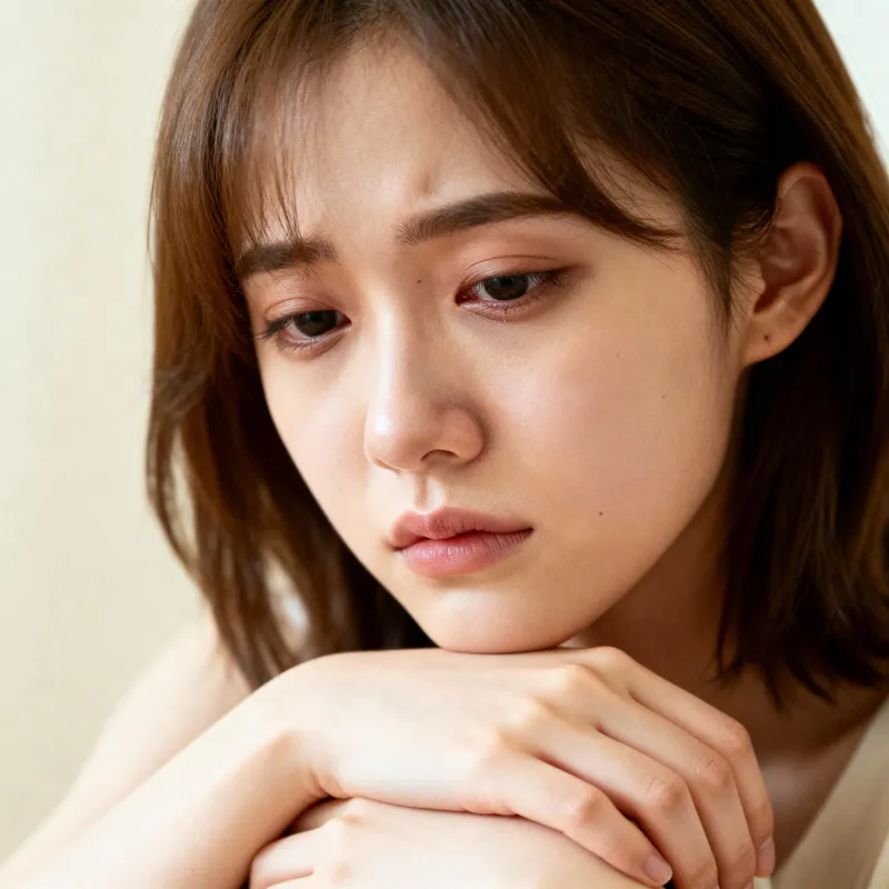 24-Year-Old Girl with Brown Hair and Sad Eyes