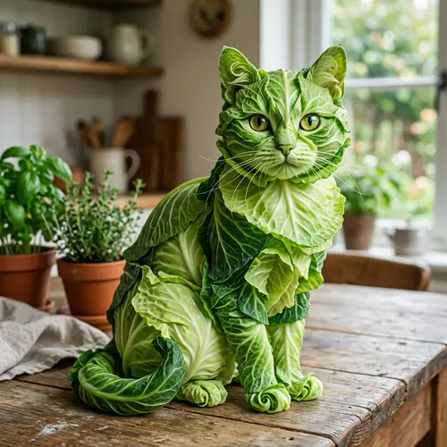 Fresh Cabbage Cat Sculpture - Captivating Green Artwork