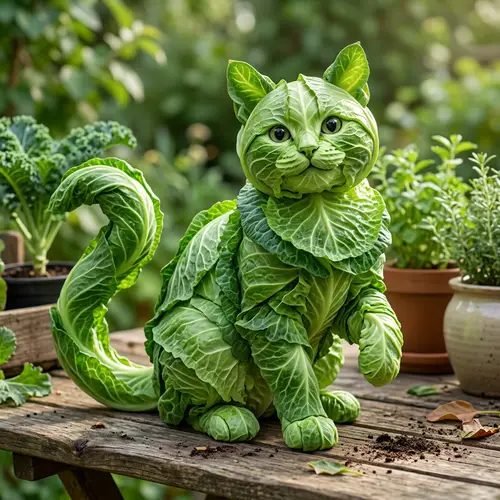 Lush Cabbage Cat Crafted with Fresh Green Leaves