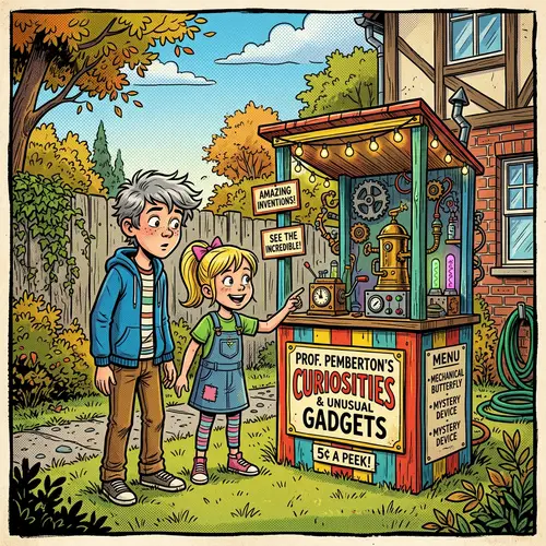 Gray-Haired Boy and Sister at Unique Backyard Booth