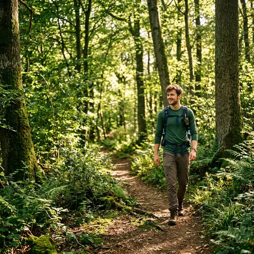 Young Adult Hiking in Sunlit Woodland