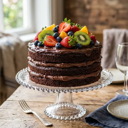 Chocolate Cake with Fresh Fruits on Stand