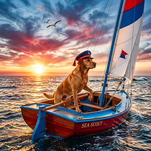 Dog Sailing Boat in Blue and Red | Ocean Adventure Scene