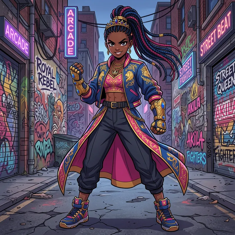 Anime Teenage Black Princess: Street Fighter in Blue Pink Gold