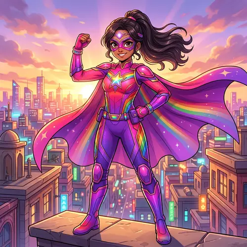 Empowering South Asian Superhero Girl in Pink and Purple Costume