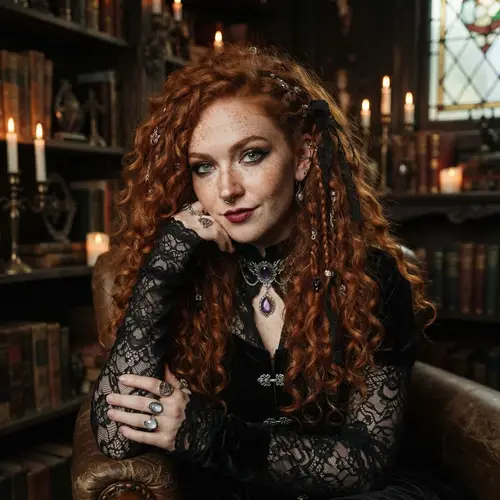 Gothic Redhead with Curly Hair and Green Eyes