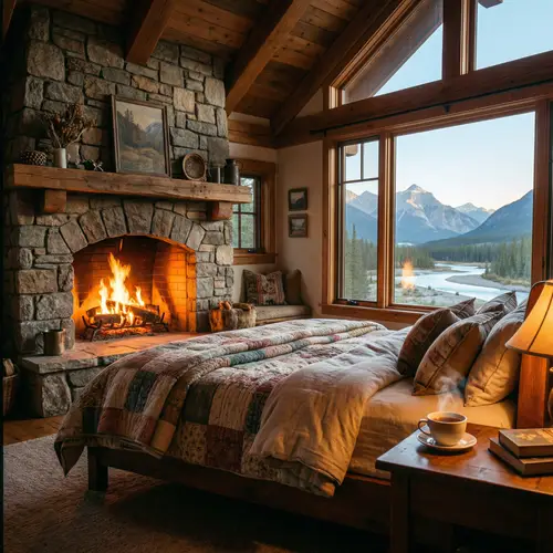 Cozy Bedroom with Bed, Cup of Tea, and Bonfire | Majestic View