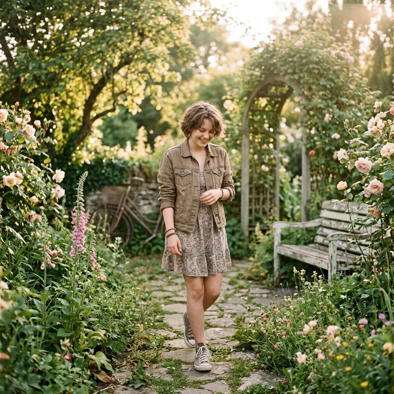 Whimsical Garden Portrait of Millie Bobby Brown | Playful & Carefree