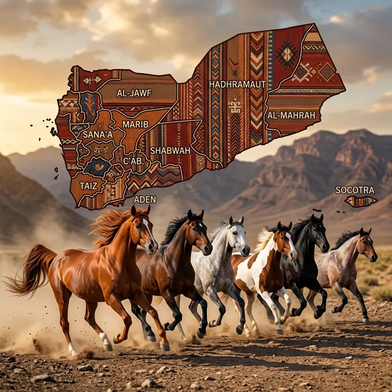 Majestic Horses in Yemen Map with Sadu Style Effect