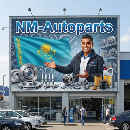 NM-Autoparts Banner | Auto Parts Salesman in Kazakhstan Flag Background