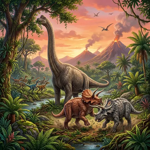 Diverse Dinosaurs in a Lush Prehistoric Jungle