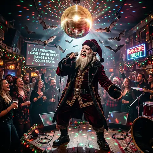 Vampire Santa Karaoke: Gleaming Disco Lights & Flying Bats