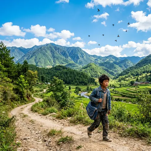 Serene Chinese Boy Walking on Country Road Under Blue Sky