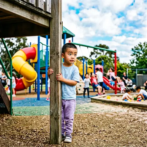 Scared East Asian Boy at Colorful Playground