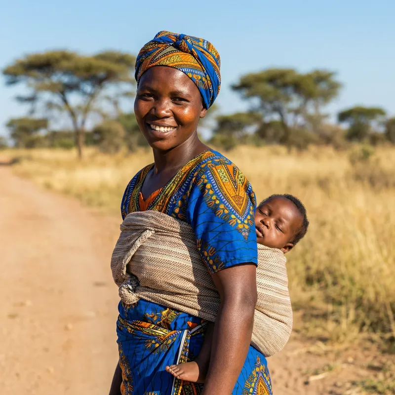African Woman Carrying 2-Month-Old Baby on Her Back