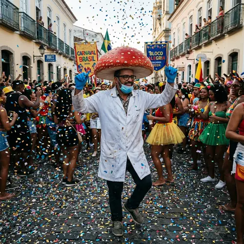 Man Dancing with Red Mushroom Hair at Brazilian Carnival