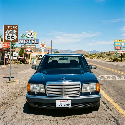 Mercedes W126 Front on Route 66 - Classic Luxury Car View