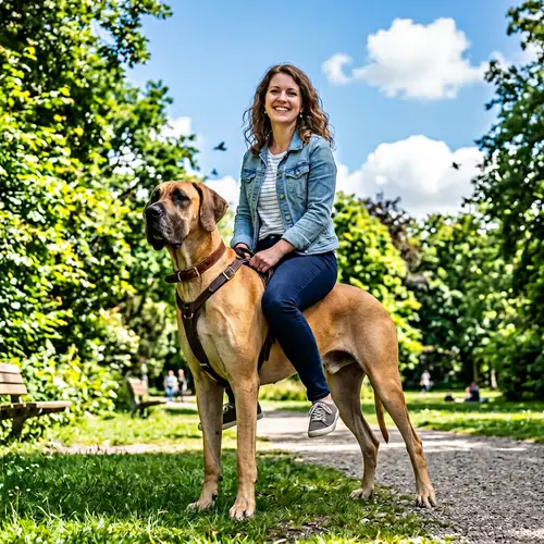 Unique Image: Woman Sitting on Great Dane Dog in Sunny Park