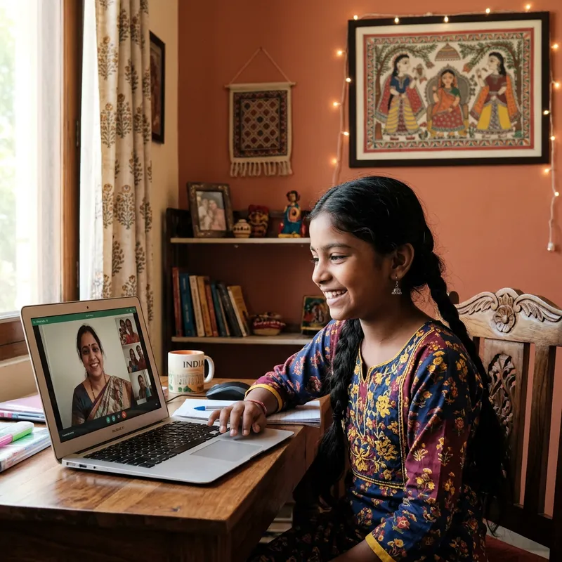 Young Indian Girl Smiling on Omegle in Traditional Attire Young Indian Girl Smiling on Omegle in Traditional Attire