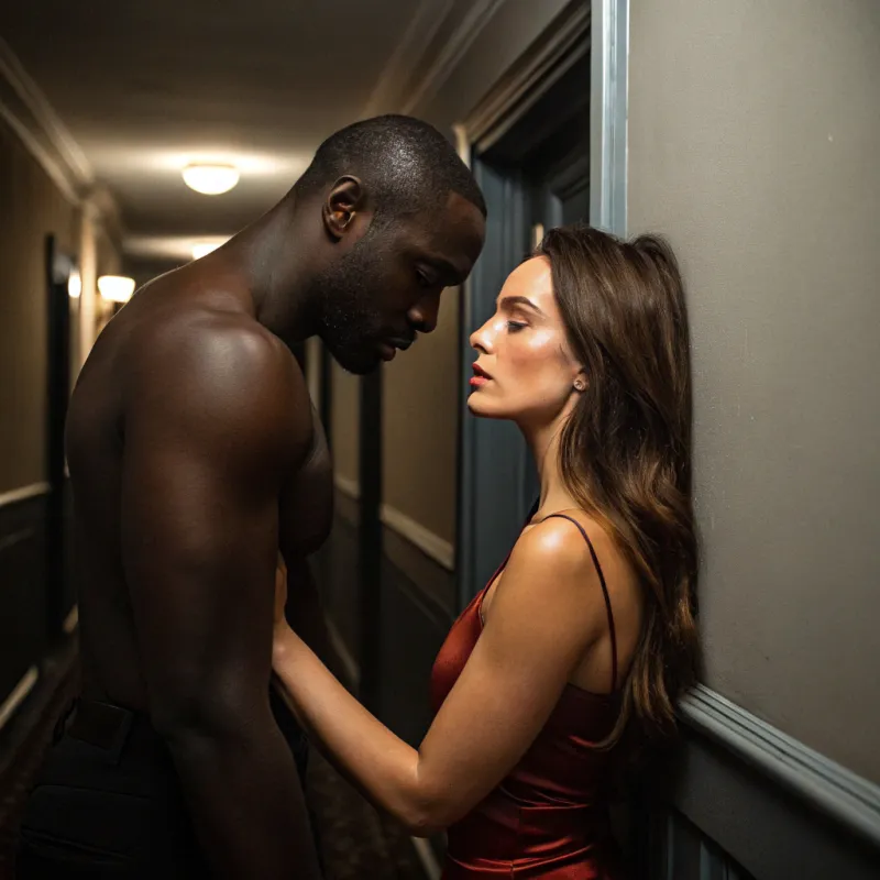 Intense Cinematic Romance in a Dark Townhouse Hallway