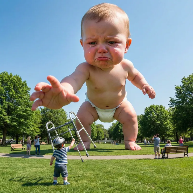 Enormous Angry Baby Confronts Toddler with Adult Walker Enormous Angry Baby Confronts Toddler with Adult Walker