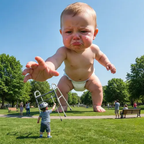 Gigantic Baby vs Toddler in Park: Surreal Combat Scene