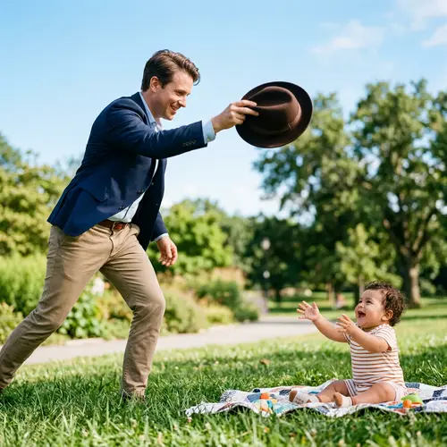 Elegant Caucasian Man Throwing Fedora Hat to Fascinated Hispanic Baby