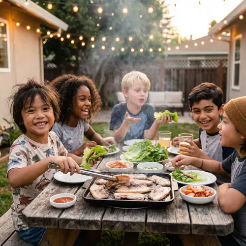 Multicultural BBQ Party: Filipino Child Enjoying Samgyupsal with Friends