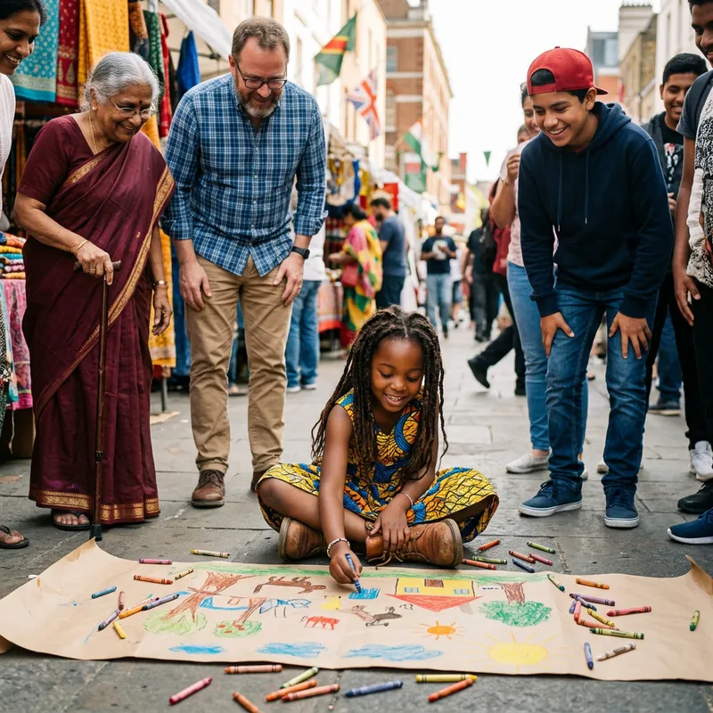 Multicultural Crowd Watches African Child Drawing Art Multicultural Crowd Watches African Child Drawing Art
