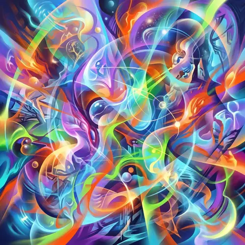 Vibrant Abstract Composition with Surrealist Imagery