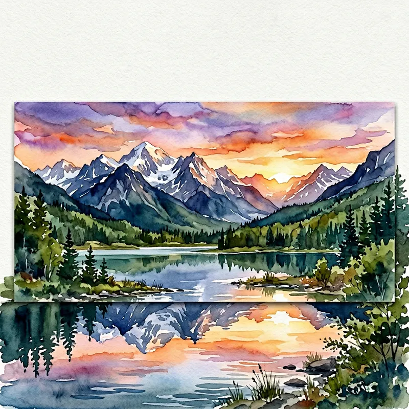 Tranquil Sunset Mountain Landscape Watercolor Art | Panoramic Painting
