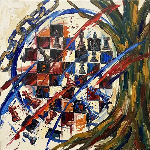 Dynamic Chessboard Strategy with Vibrant Colors and Symbolism
