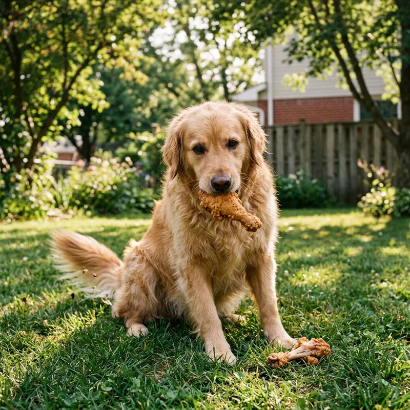Playful Dog Enjoying Fried Chicken in Backyard