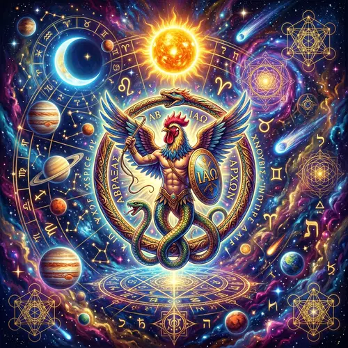 Surreal Abraxas Symbol Amid Celestial Patterns