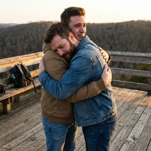 Heartfelt Moments: Male Friends Embracing Joyfully