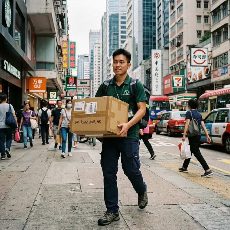 Asian Delivery Man in Dark Green Polo Shirt with Parcel Box